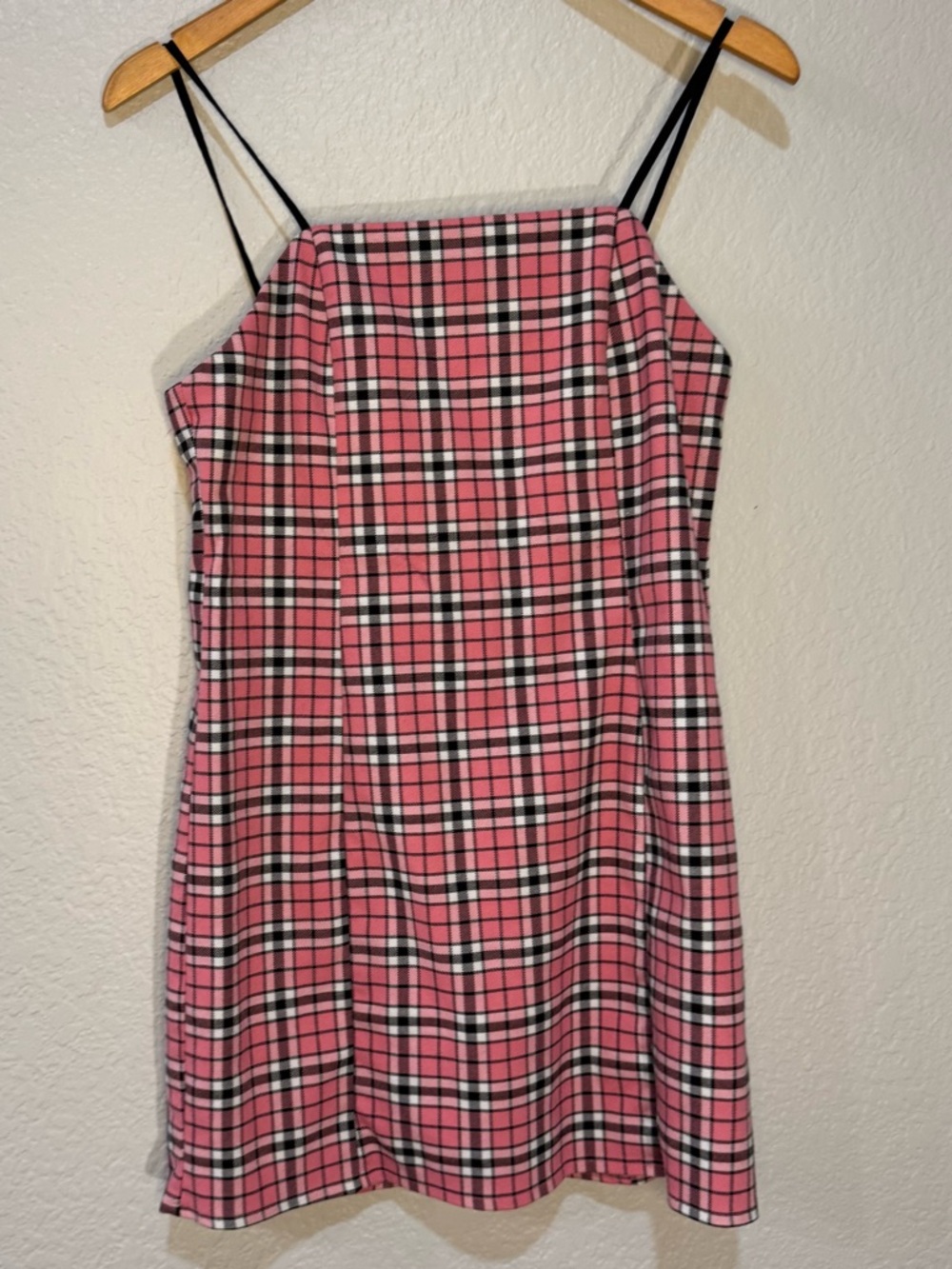 Urban Outfitters Pink Plaid Mini Dress with Black Straps